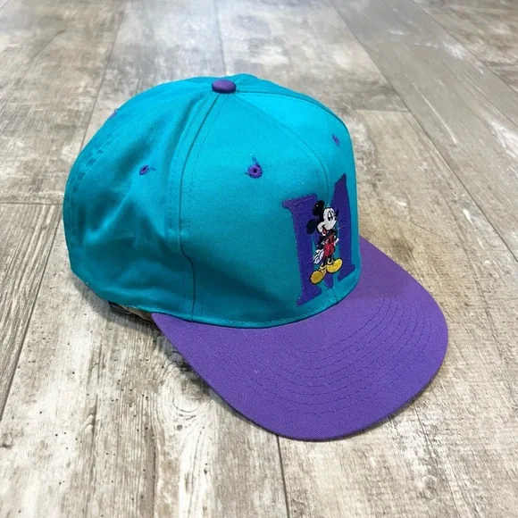 DISNEY Mickey Mouse Cartoon Retro Vintage 90s SnapBack Hat Teal Blue Purple Mens - Picture 3 of 6